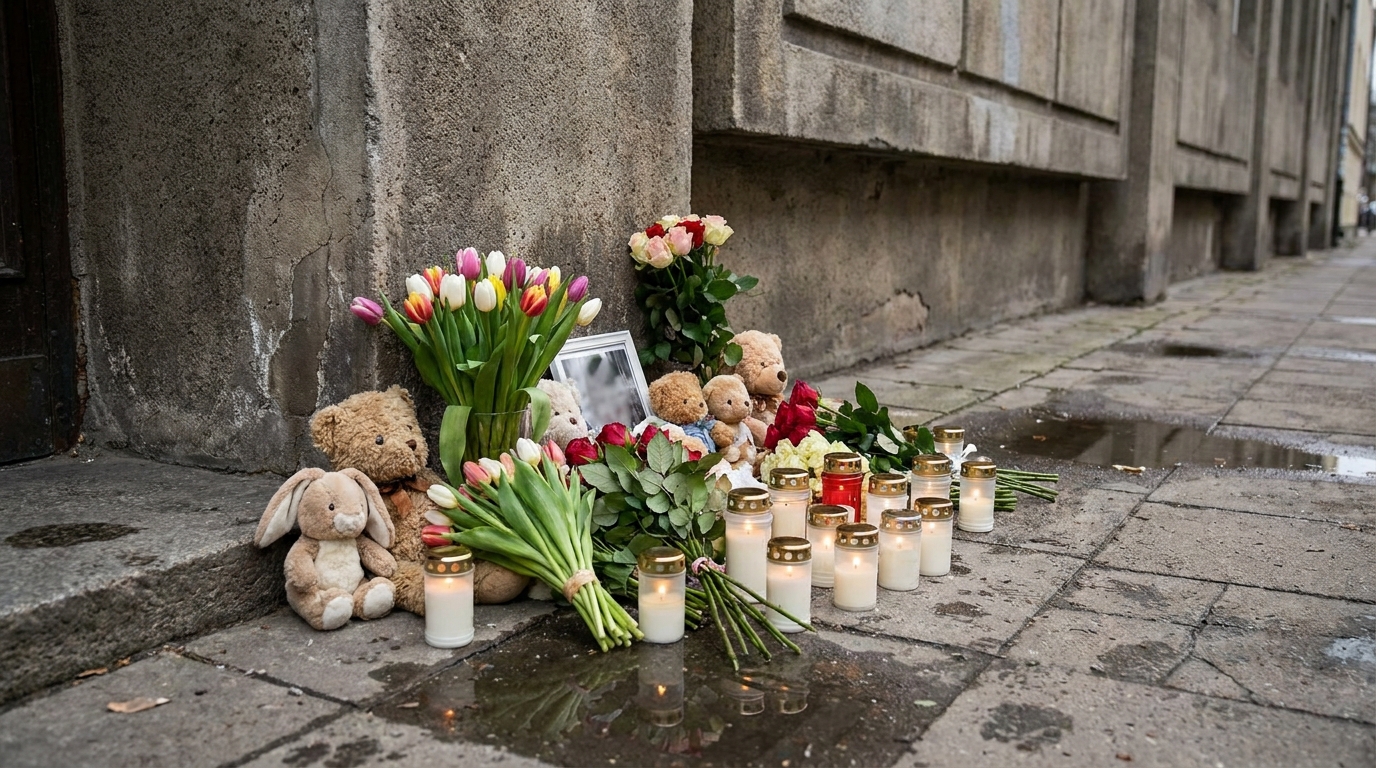 Fleurs et peluches déposées au pied d'un immeuble en hommage