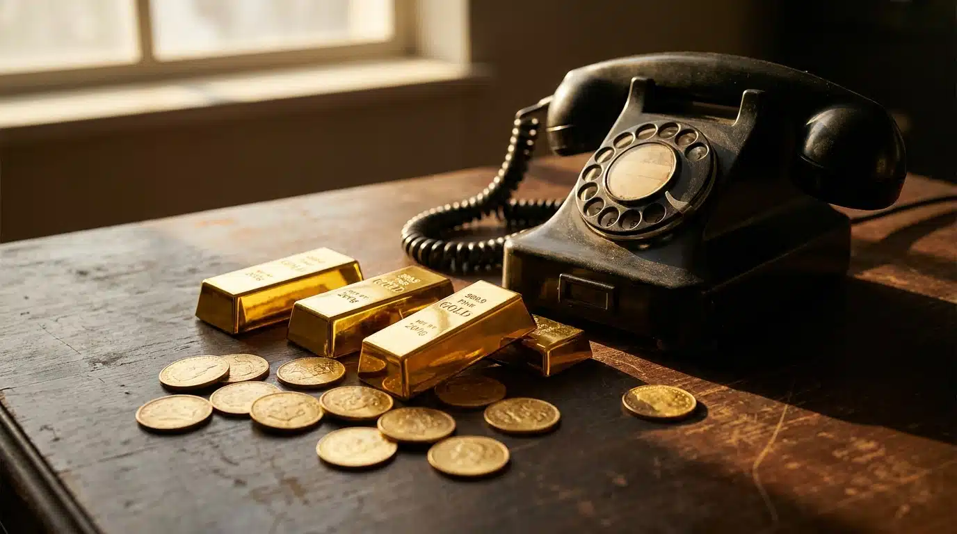 Lingots et pièces d'or posés sur un bureau en bois sombre