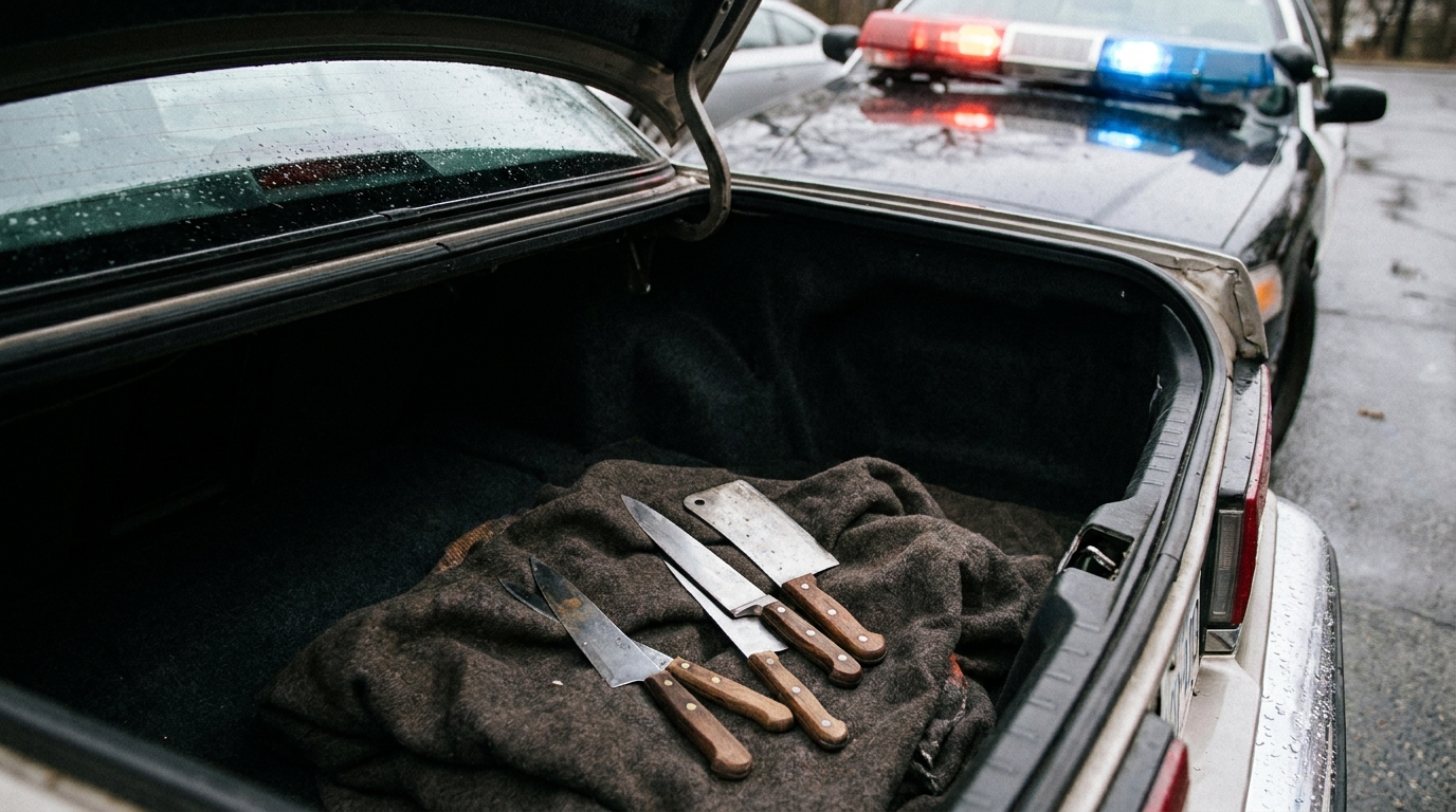 Coffre de voiture ouvert contenant des couteaux et une feuille de boucher