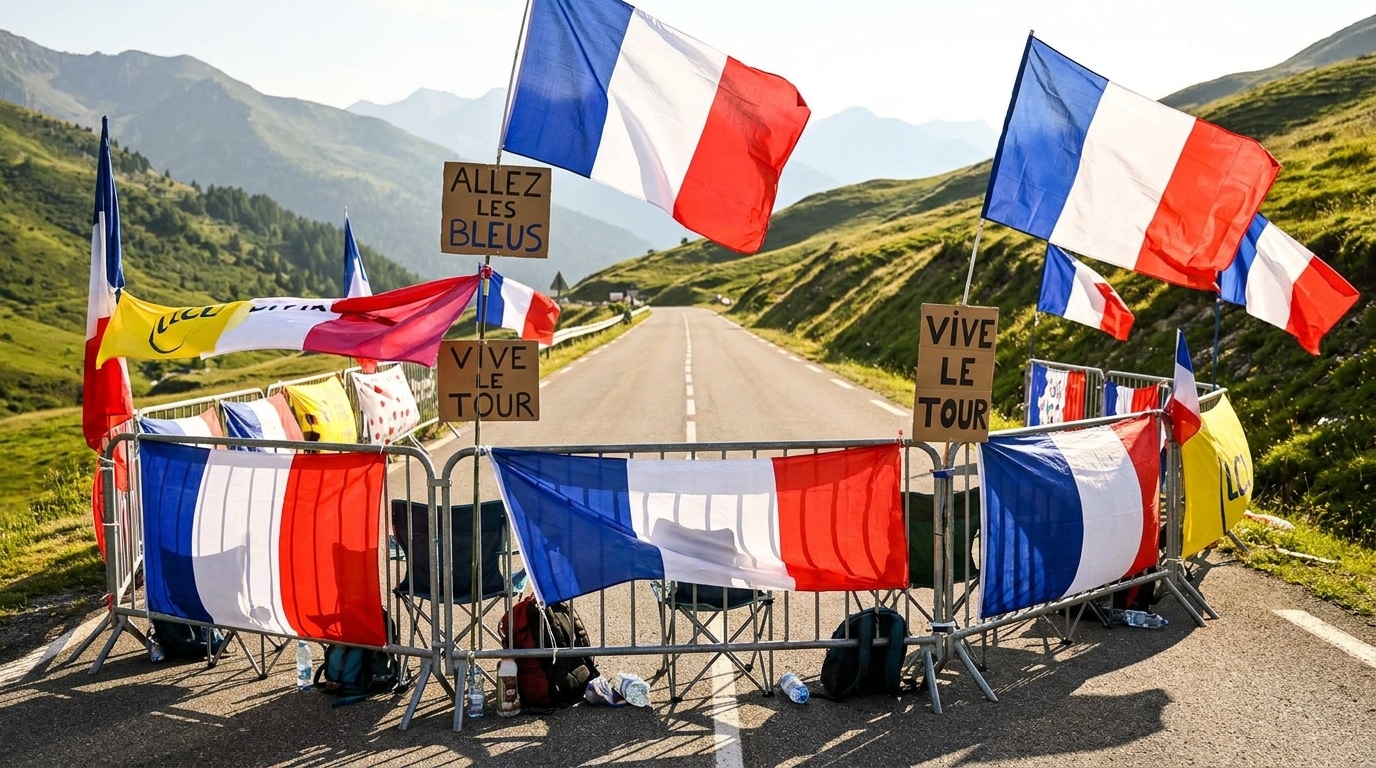 Drapeaux français et banderoles de supporters agitant en bord de route lors d'une étape de montagne du Tour de France
