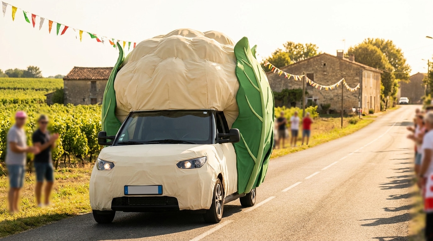 Véhicule en forme de chou-fleur sur une route de campagne