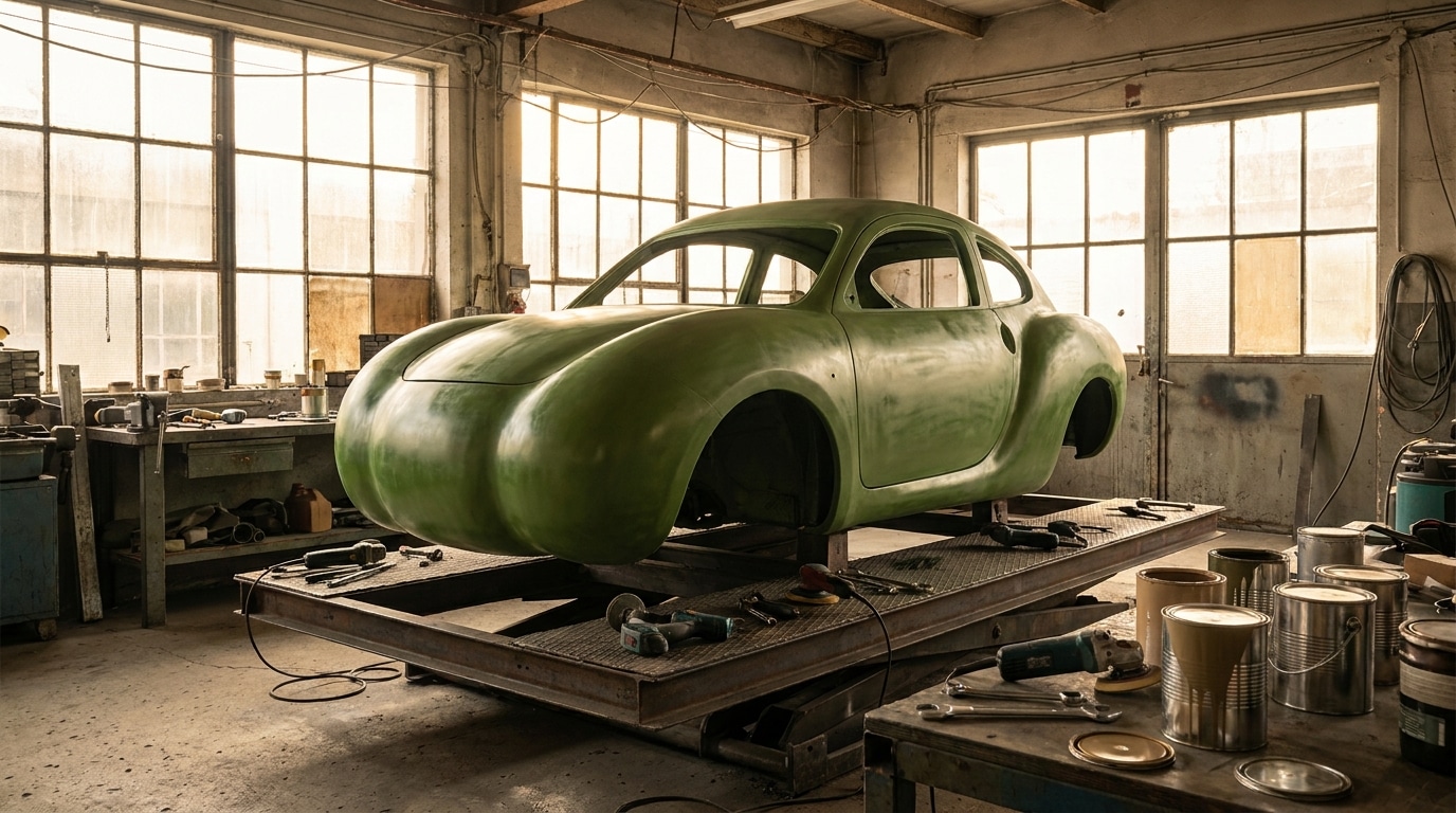 Atelier de construction d'une voiture publicitaire en forme de légume