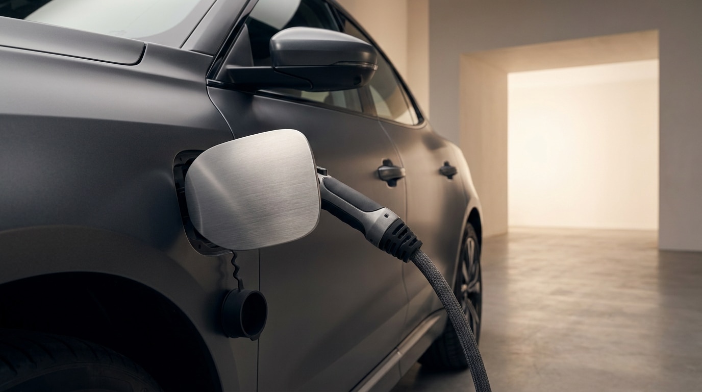 Borne de recharge branchée sur une voiture compacte moderne