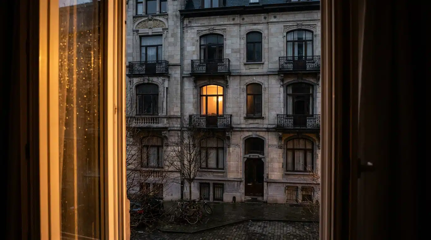 Façade d'immeuble résidentiel bruxellois éclairé au crépuscule
