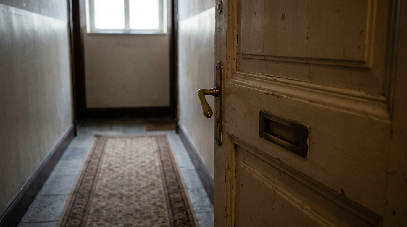 Porte fermée d'un appartement dans un couloir sombre