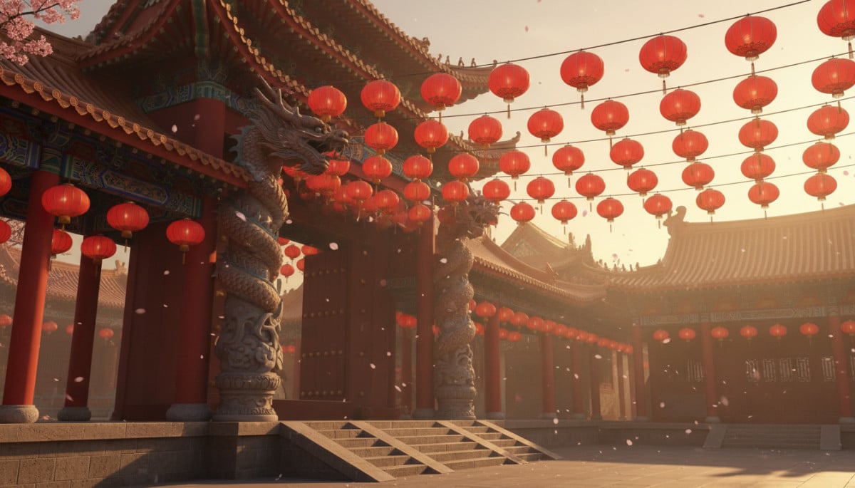 Traditional Chinese temple entrance at golden hour, red paper lanterns hanging in rows, dragon sculp