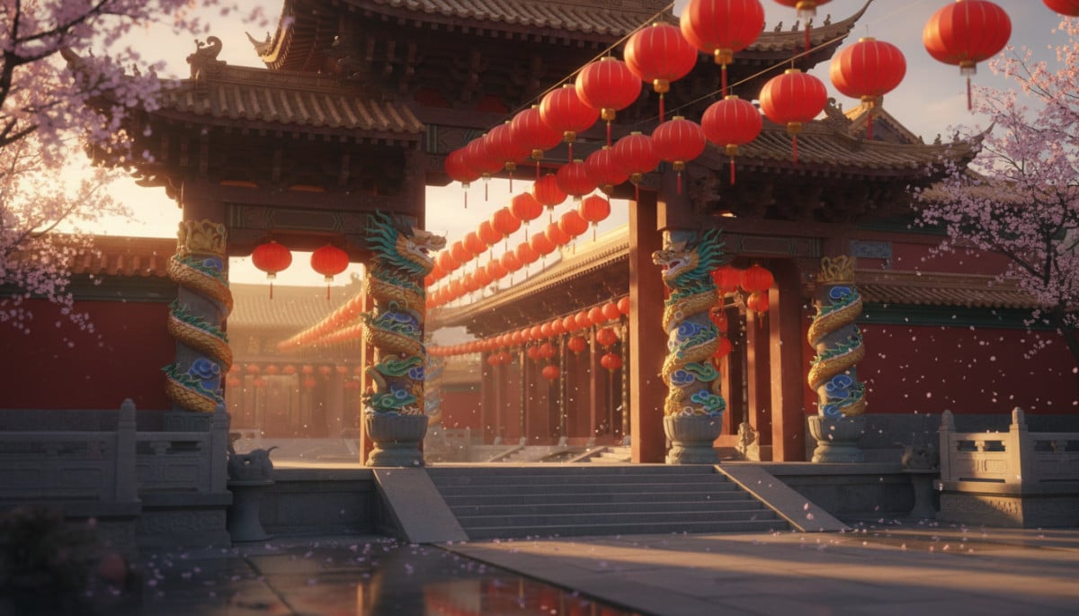 Traditional Chinese temple entrance at golden hour, red paper lanterns hanging in rows, dragon sculp