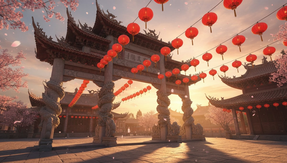 Traditional Chinese temple entrance at golden hour, red paper lanterns hanging in rows, dragon sculp