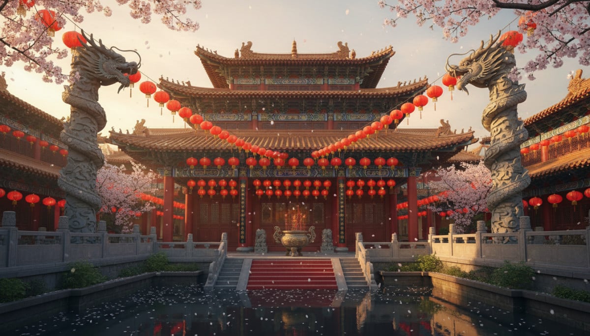 Traditional Chinese temple entrance at golden hour, red paper lanterns hanging in rows, dragon sculp
