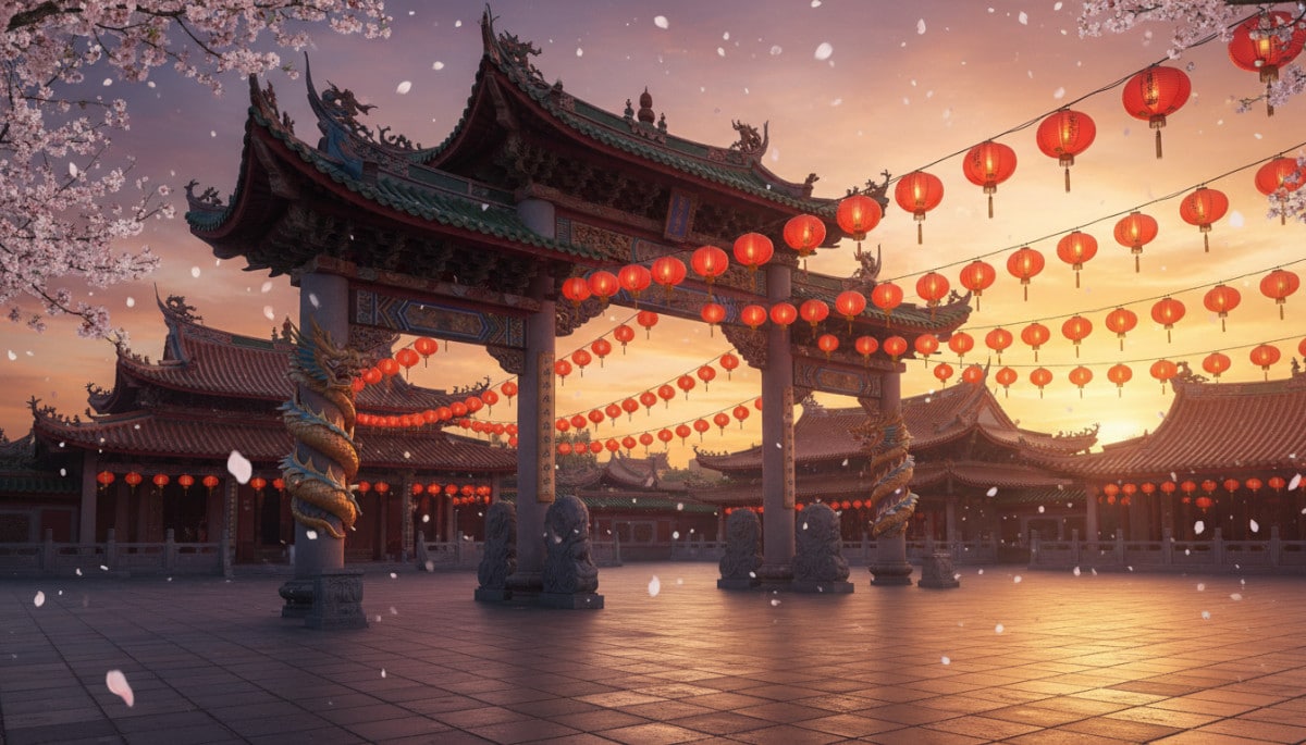 Traditional Chinese temple entrance at golden hour, red paper lanterns hanging in rows, dragon sculp