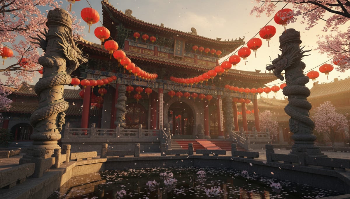 Traditional Chinese temple entrance at golden hour, red paper lanterns hanging in rows, dragon sculp