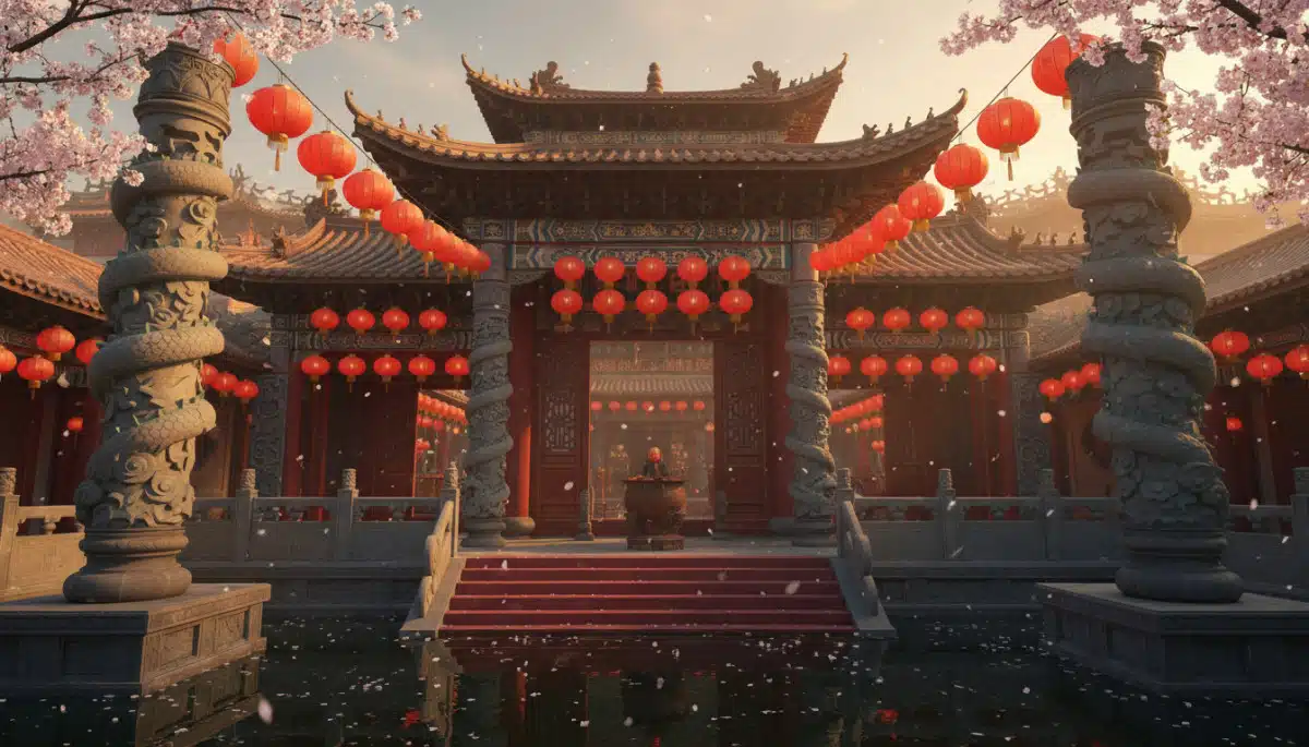 Traditional Chinese temple entrance at golden hour, red paper lanterns hanging in rows, dragon sculp