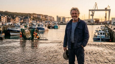 Travailleur français souriant devant un port normand