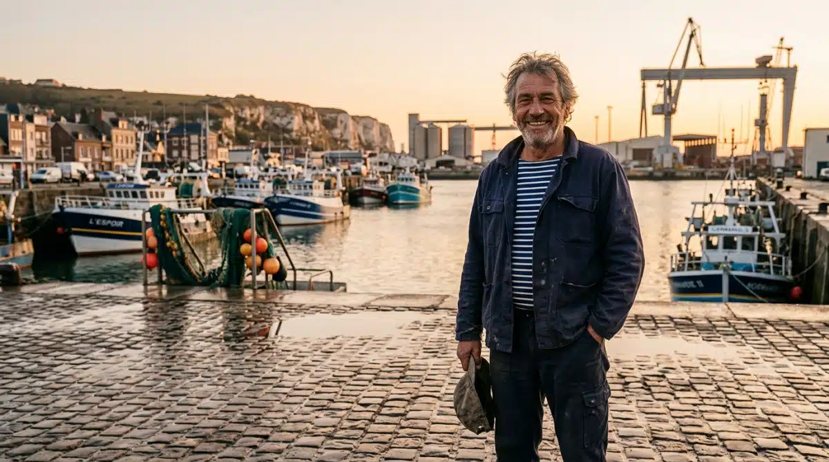 Travailleur français souriant devant un port normand