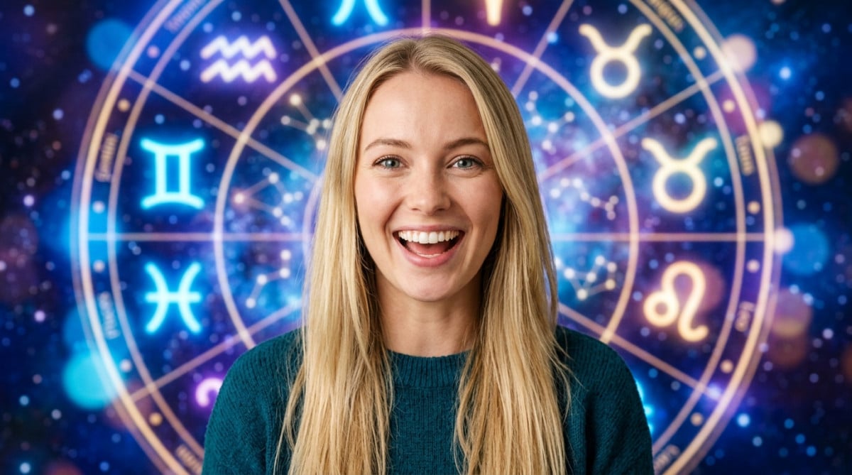 Trois amis riant sous une roue zodiacale lumineuse un soir d'été pour l'horoscope du dimanche 24 mai 2026