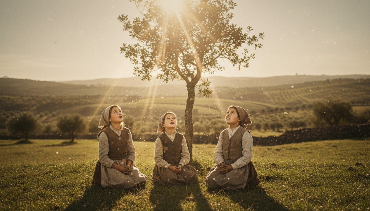 Trois enfants bergers dans un champ à Fatima en 1917