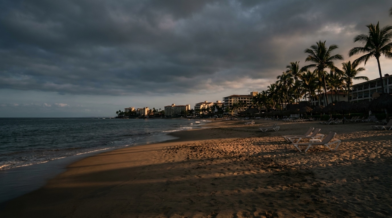 Plage de Puerto Vallarta au crépuscule sous un ciel menaçant