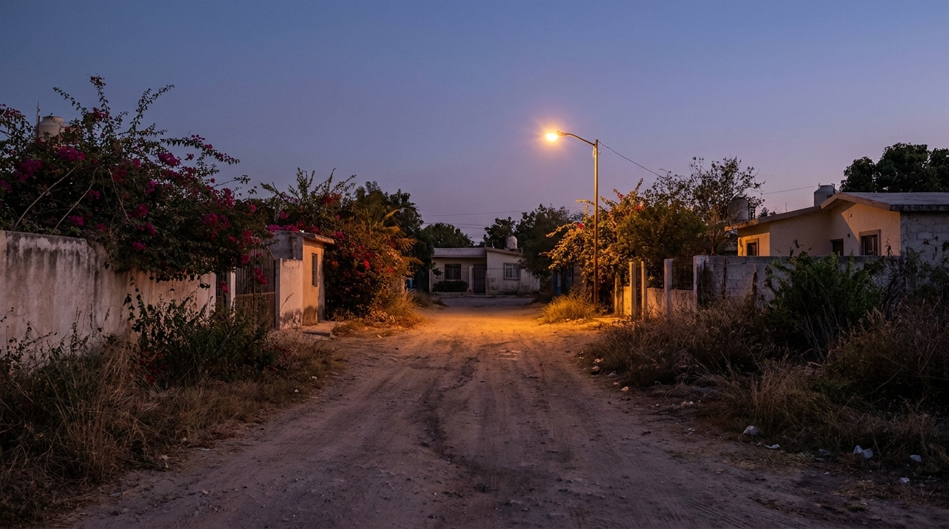 Chemin de terre isolé dans un quartier mexicain au crépuscule
