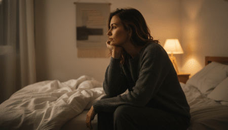 Femme pensive assise au bord du lit la nuit