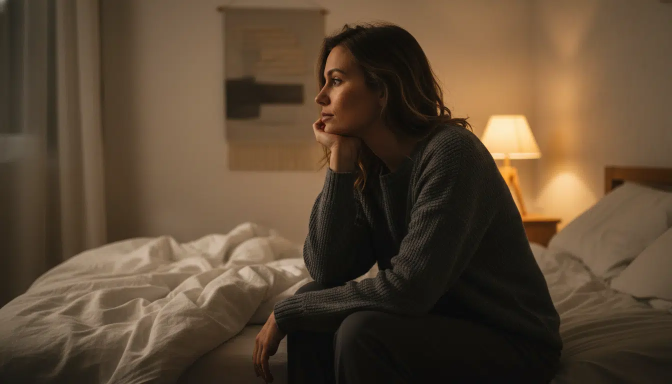 Femme pensive assise au bord du lit la nuit