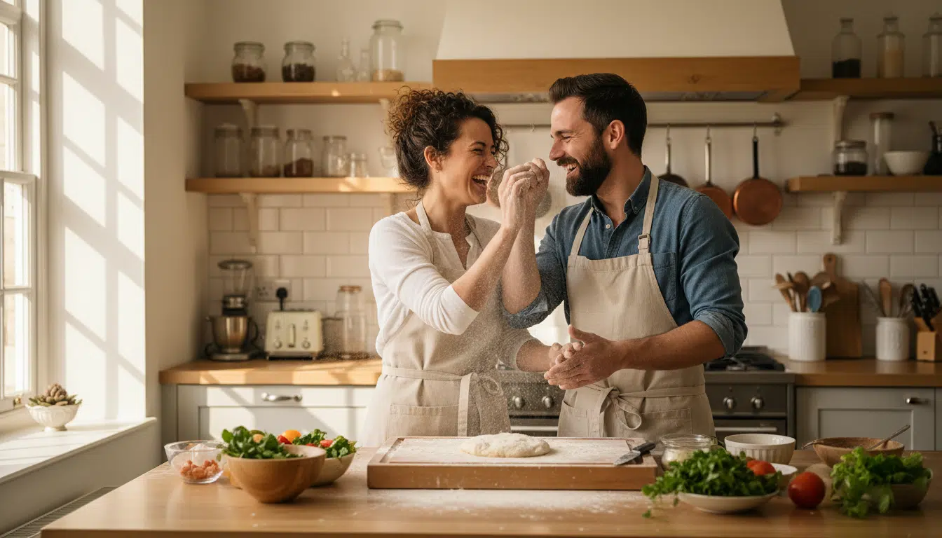 Couple complice riant ensemble en cuisine