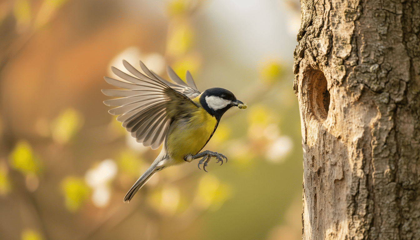 Mésange charbonnière nourrissant ses petits au nid