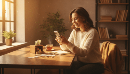 Femme souriante consultant ses finances dans une lumière dorée