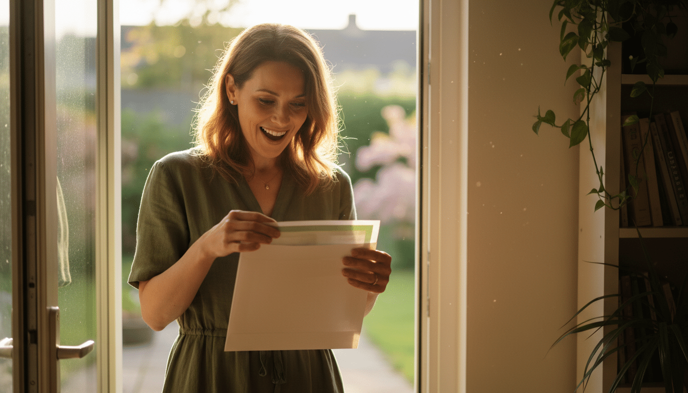 Femme surprise ouvrant une lettre avec une bonne nouvelle financière