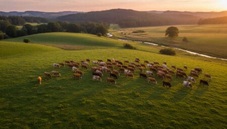 Troupeau de vaches broutant toutes dans la même direction