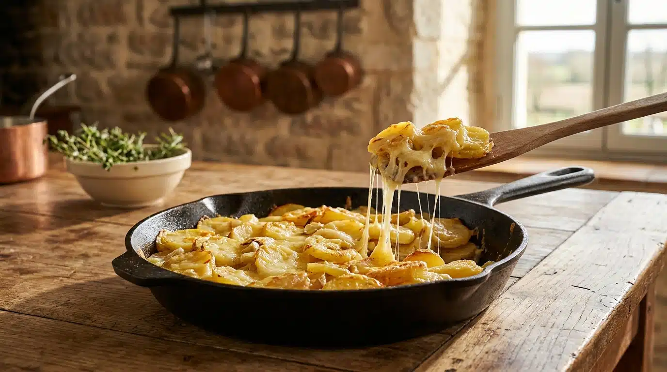 Poêle en fonte avec truffade au fromage filant sur table rustique