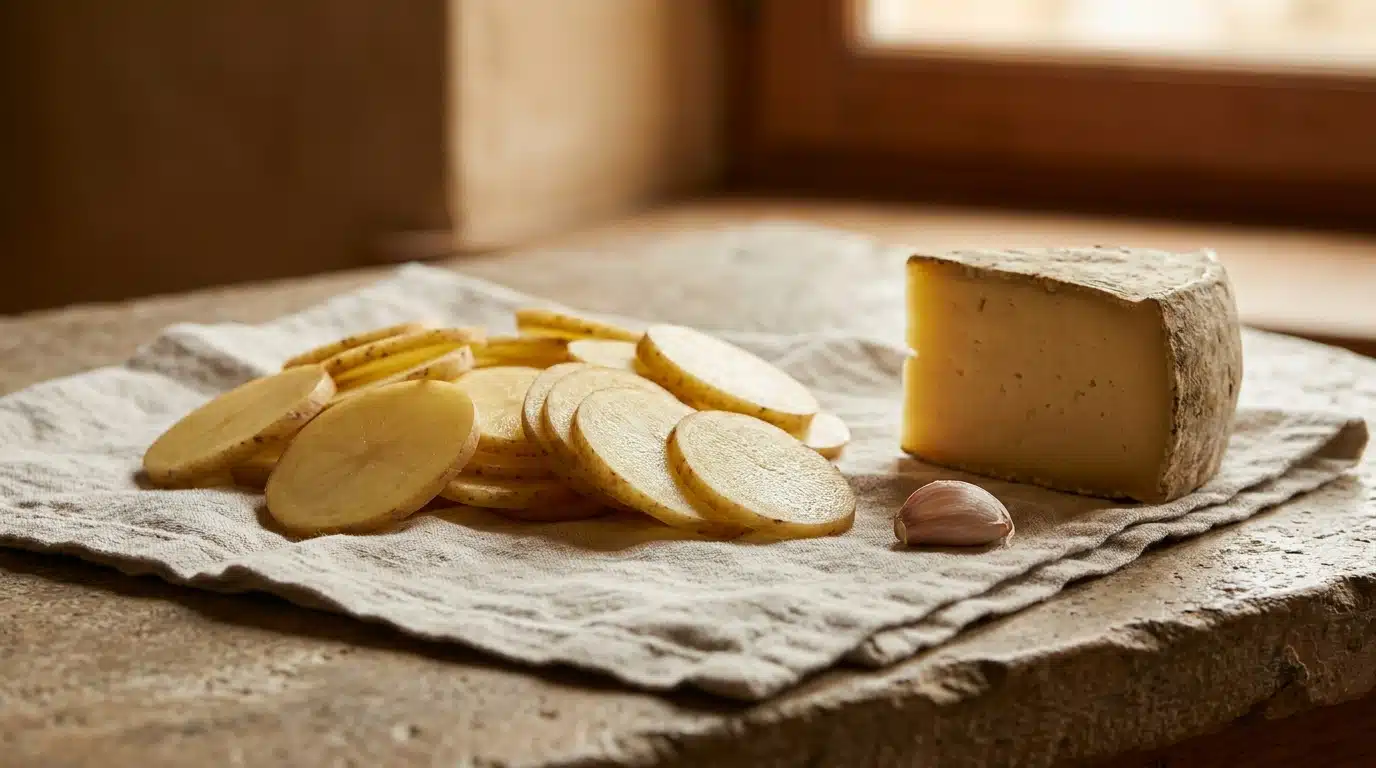 Rondelles de pommes de terre et tomme fraîche sur torchon en lin