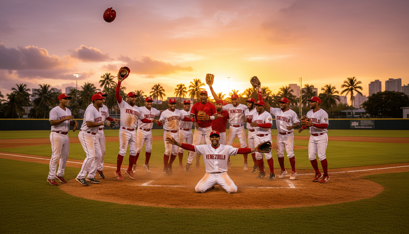 Joueurs de baseball vénézuéliens célébrant une victoire