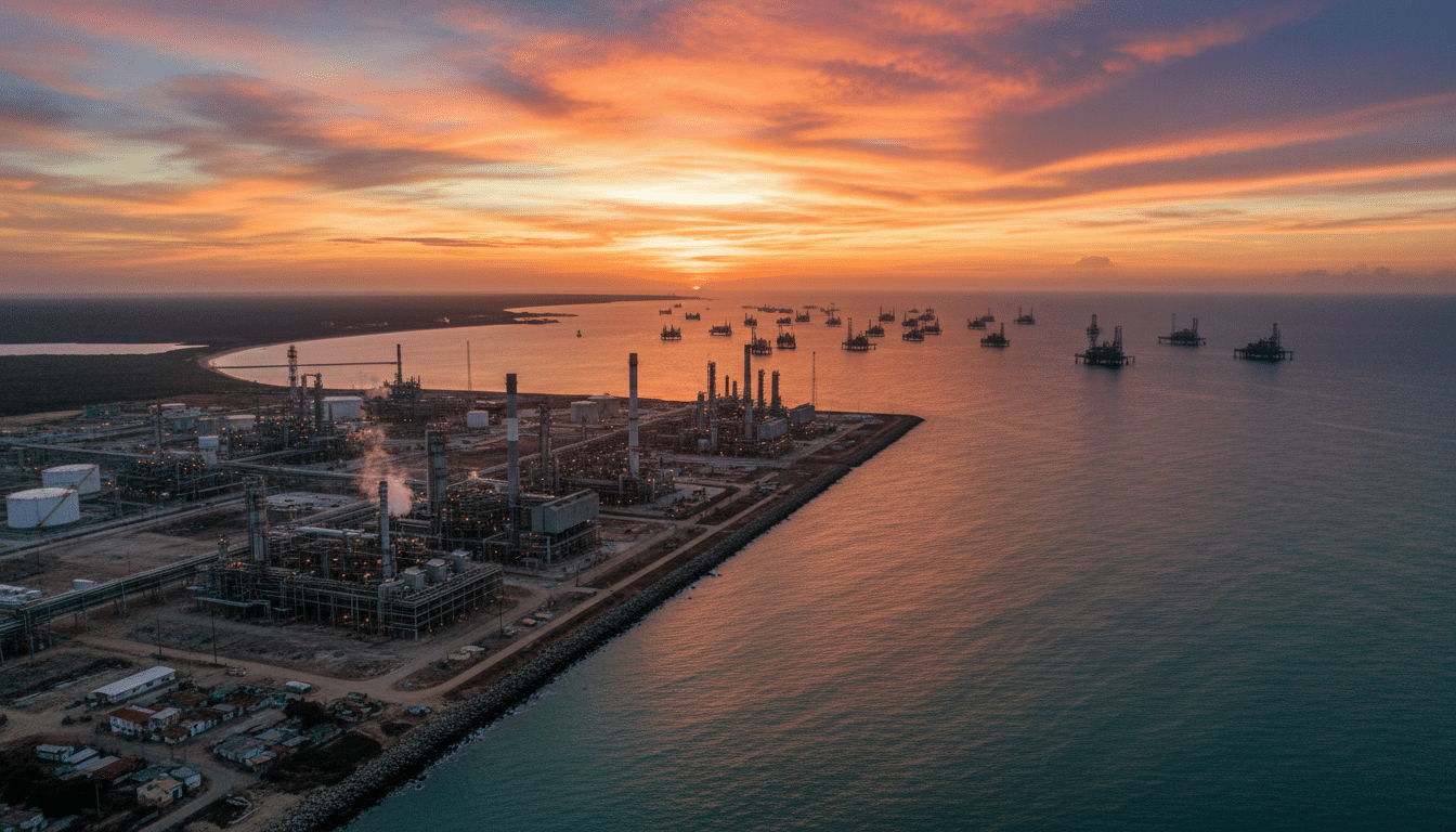 Raffineries de pétrole sur la côte vénézuélienne au coucher du soleil