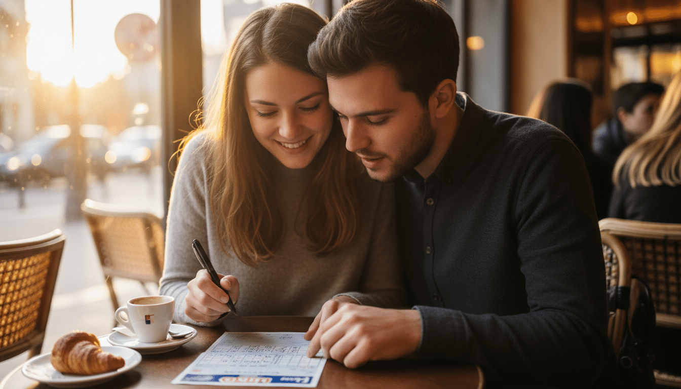 Couple remplissant une grille de Loto ensemble