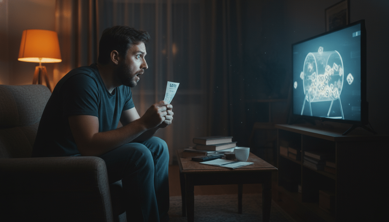 Homme regardant le tirage du Loto à la télévision