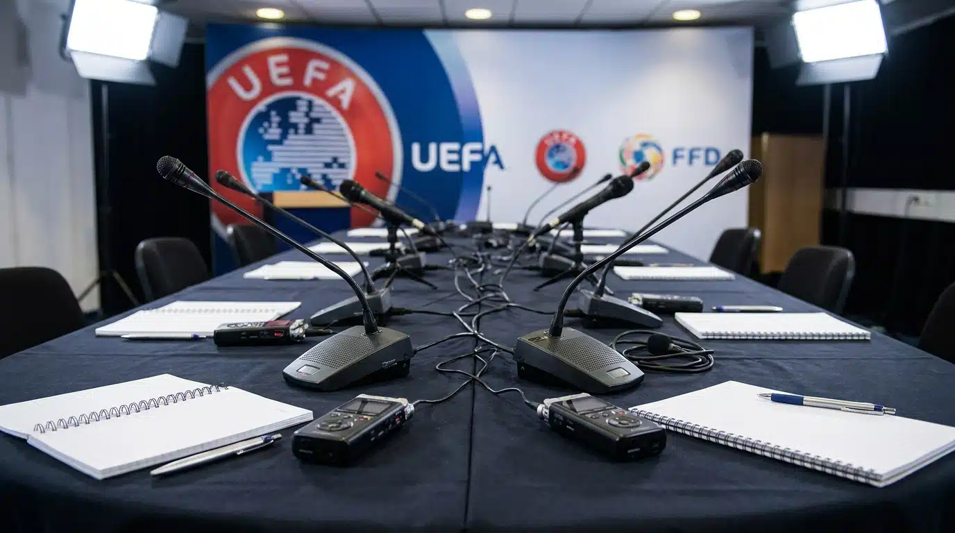 Micros et enregistreurs sur une table de conférence de presse sportive
