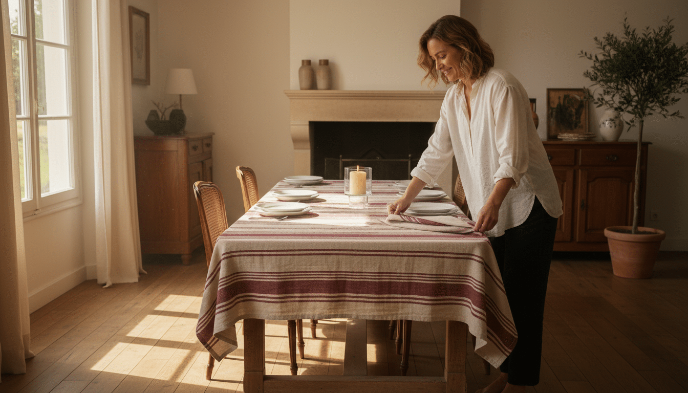 Nappe rayée beige et bordeaux sur table de salle à manger