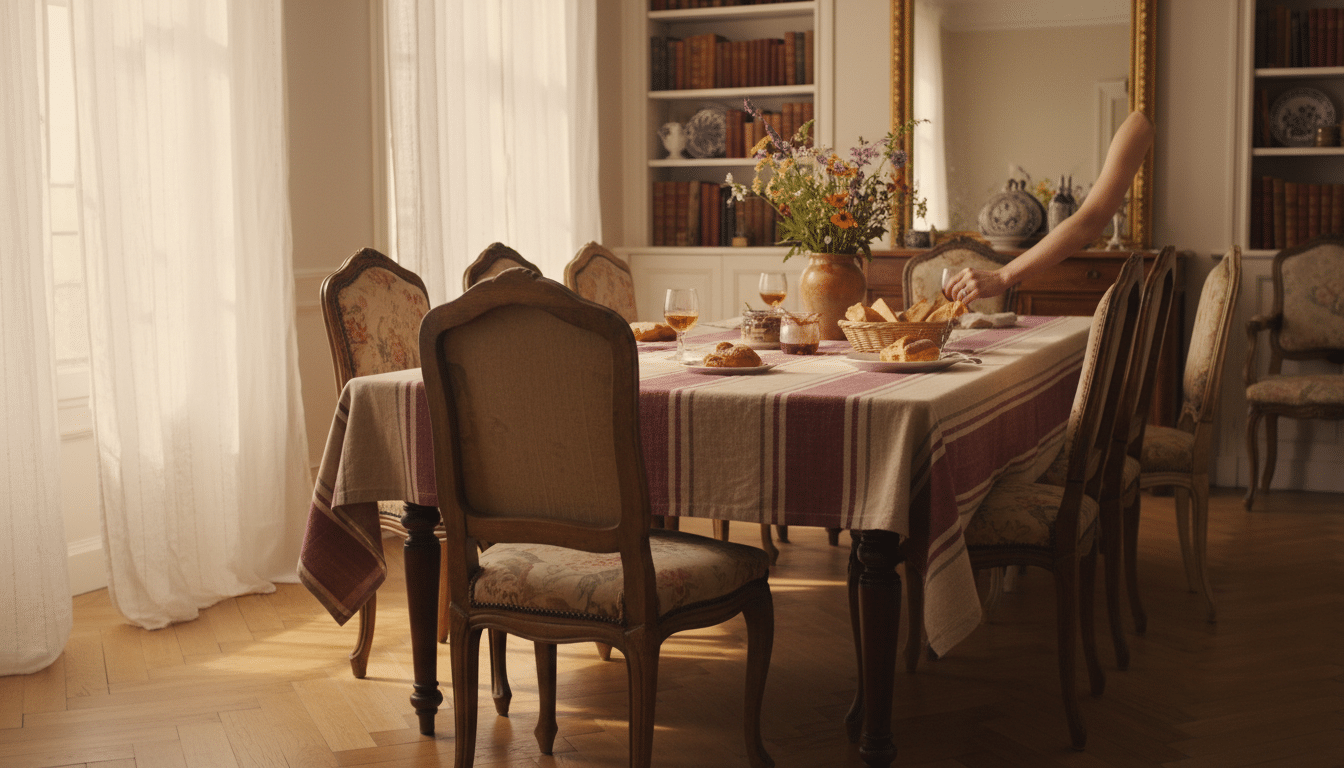 Table en noyer avec nappe à rayures beige et bordeaux