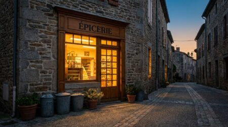 Supérette de village éclairée en soirée dans une rue calme