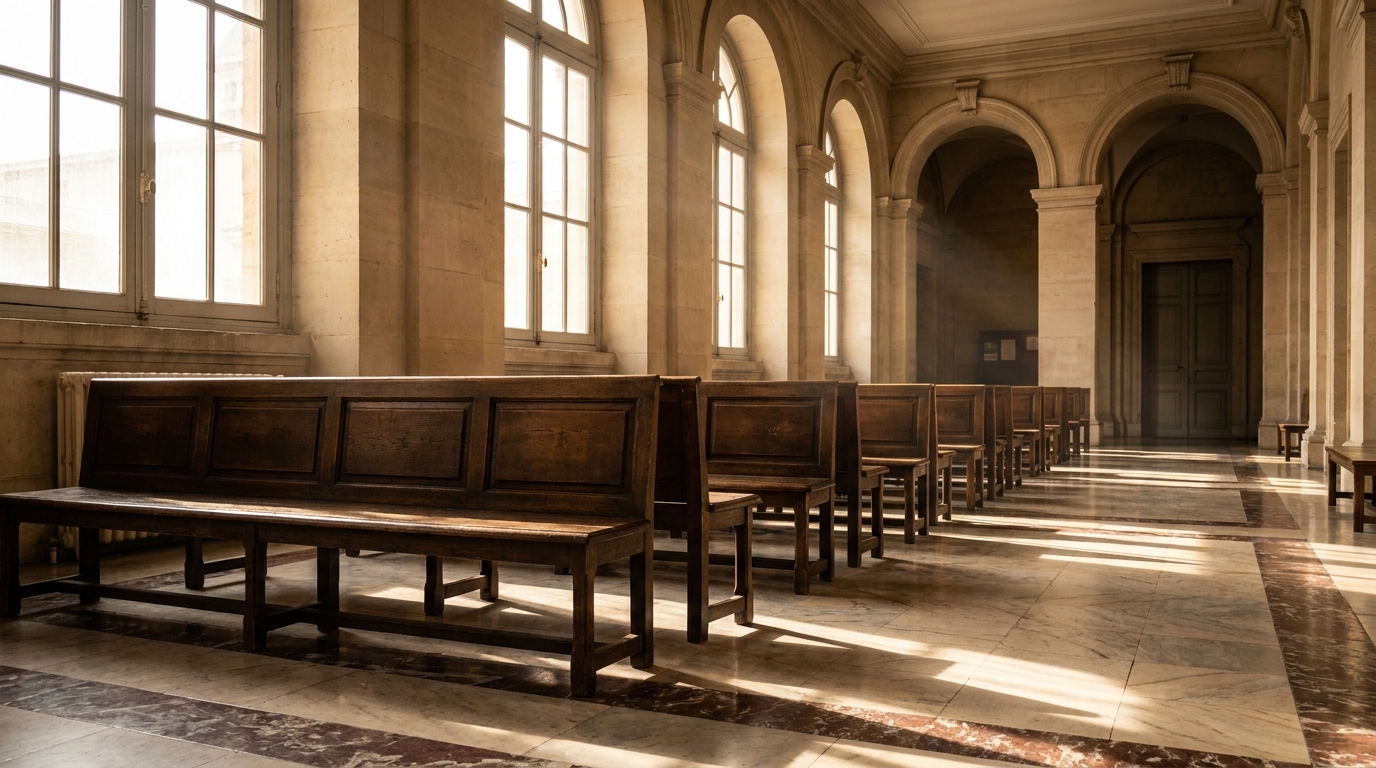 Couloir intérieur d'un tribunal français avec bancs en bois