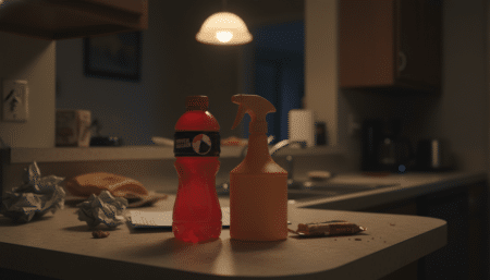 Bouteille de boisson énergétique et flacon de dégivrant sur un comptoir de cuisine