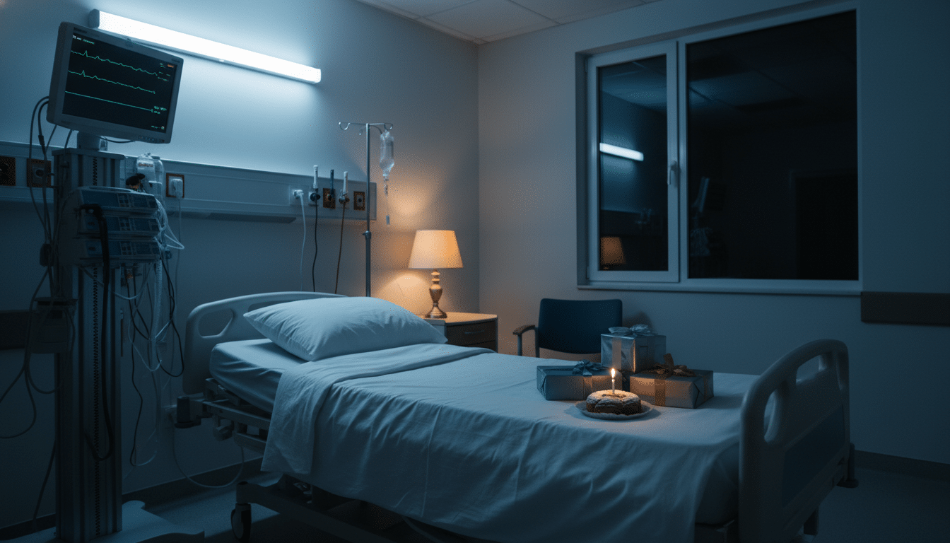 Lit d'hôpital vide avec cadeaux d'anniversaire posés sur les draps