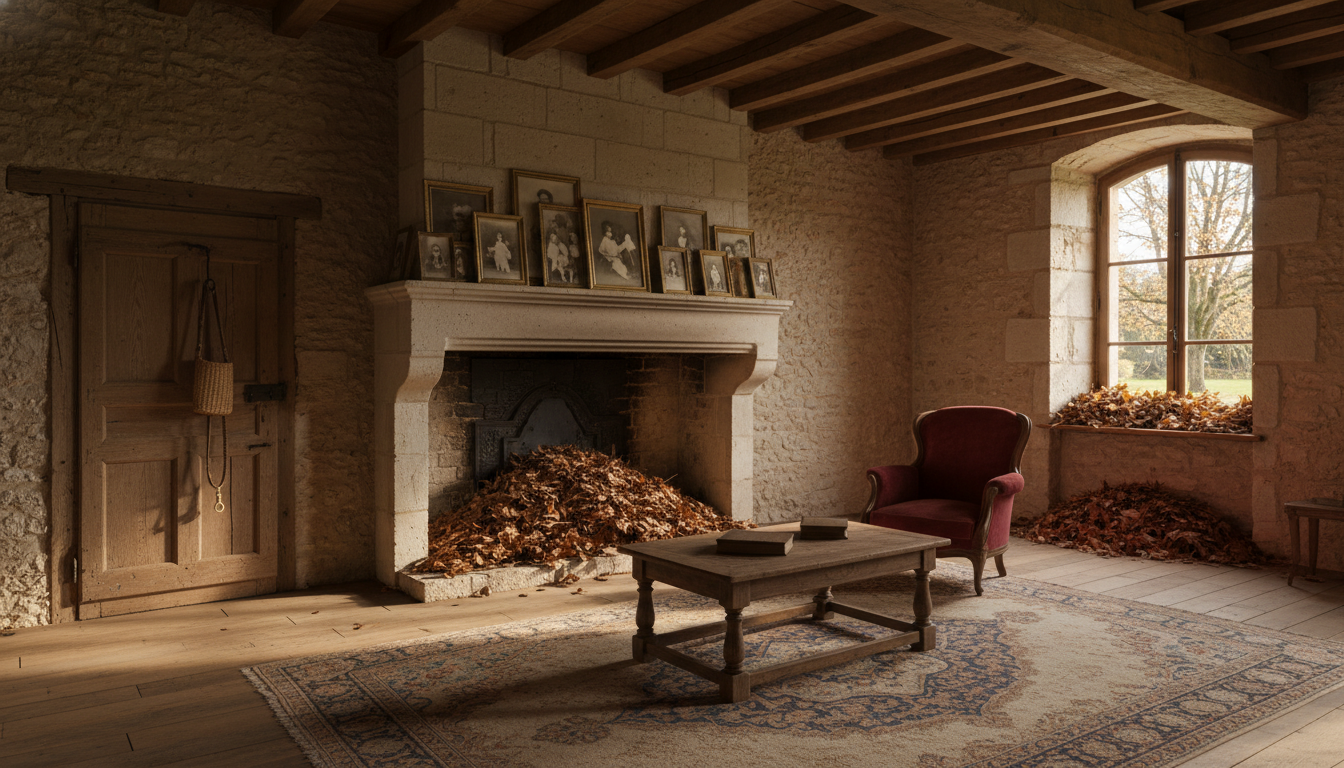 Intérieur d'un manoir français avec laisse de chien abandonnée, évoquant la tragédie d'Obba le malinois d'Alain-Fabien Delon