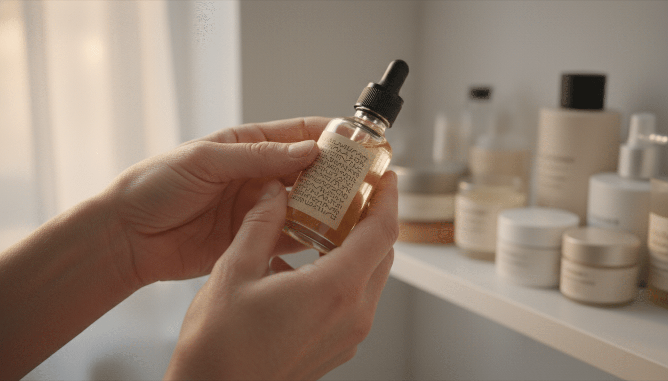 Mains lisant la liste d'ingrédients d'un produit cosmétique