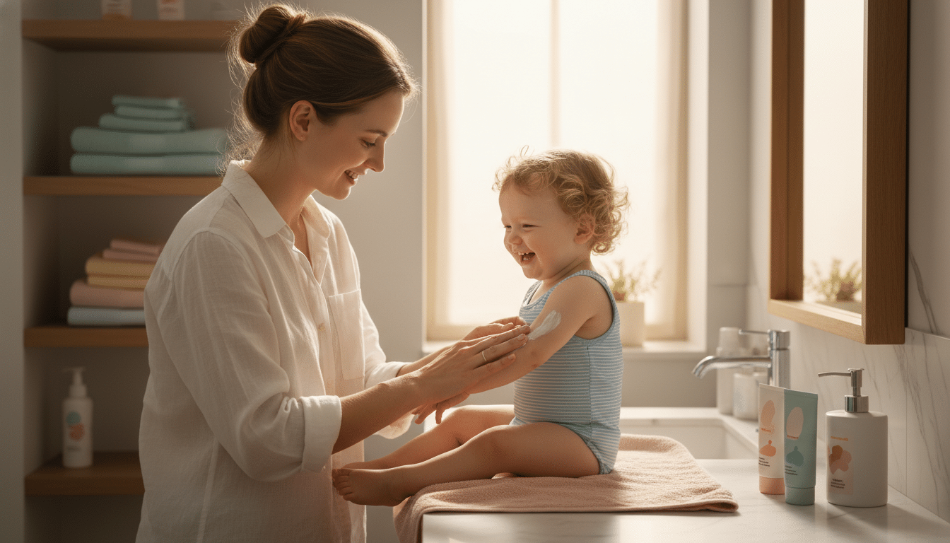 Mère appliquant une crème solaire sur la peau d'un enfant