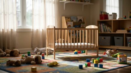 Lit de bébé vide dans une salle de crèche éclairée