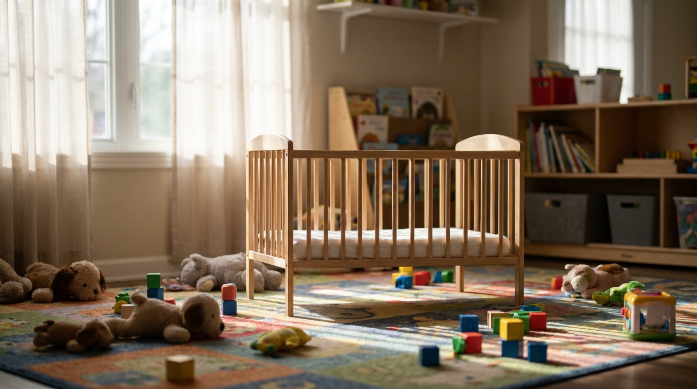 Lit de bébé vide dans une salle de crèche éclairée
