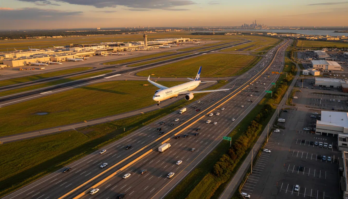 Vue aérienne de l'aéroport Newark et de l'autoroute adjacente