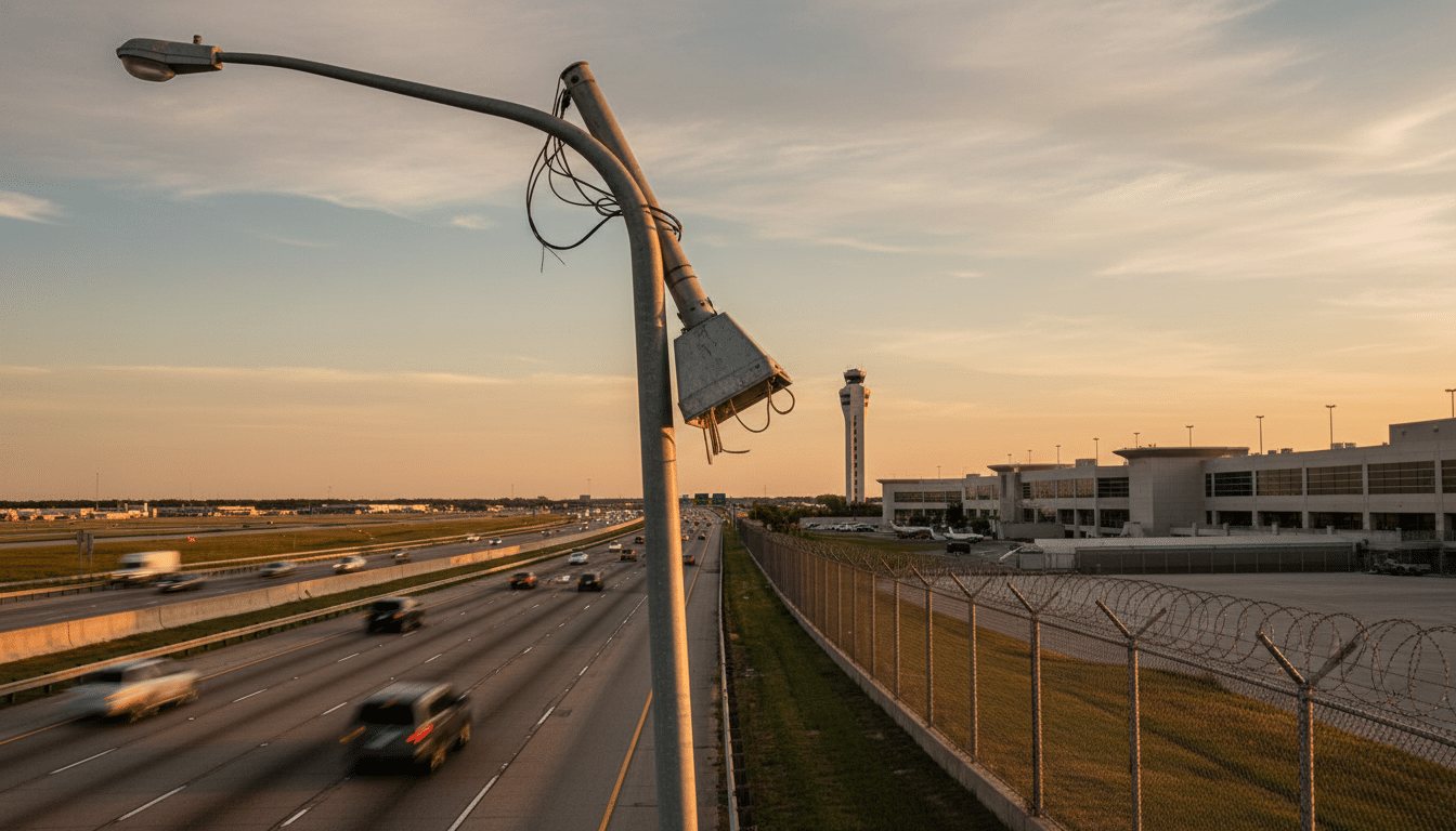 Lampadaire endommagé le long du New Jersey Turnpike près de Newark