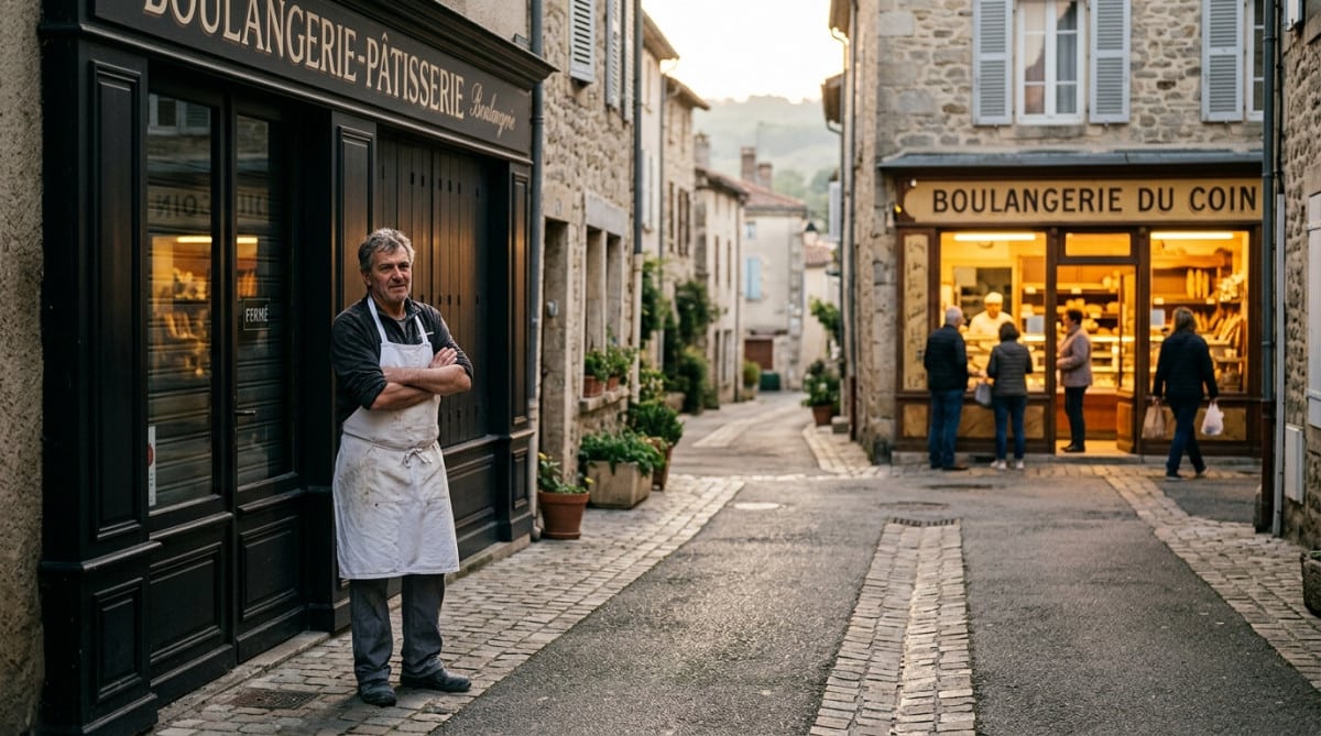 Un boulanger devant sa boutique fermée regardant la boulangerie concurrente ouverte